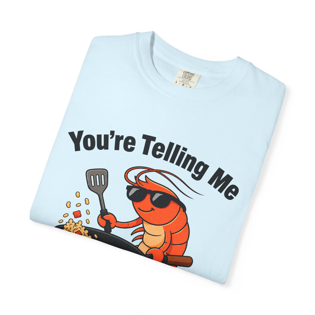 Folded light blue graphic t-shirt featuring shrimp fried rice design. 