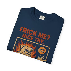 Vintage navy blue cotton tee with aggressive wholesome dog meme print