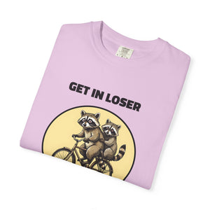 Folded orchid t-shirt featuring Get In Loser We’re Getting Trashed meme design.