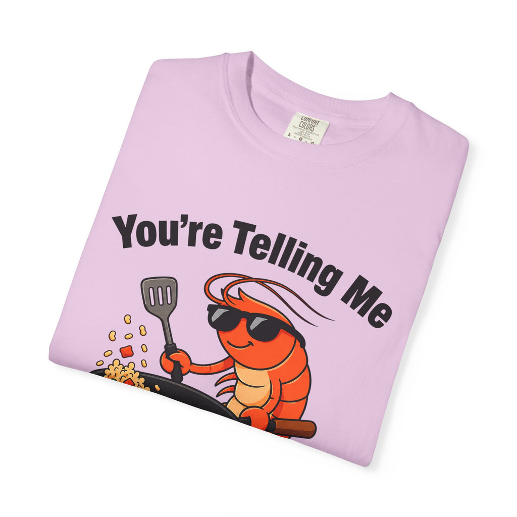 Folded orchid graphic t-shirt featuring shrimp fried rice design. 