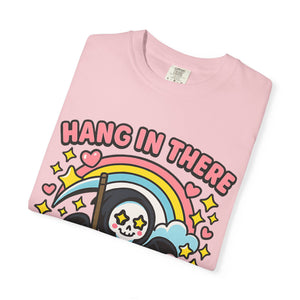 Folded pink cute funny shirt with Hang In There It Gets Worse slogan. Perfect funny gift for friends.