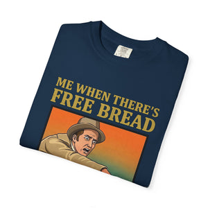 Folded true navy t-shirt featuring Me When There’s Free Bread design.