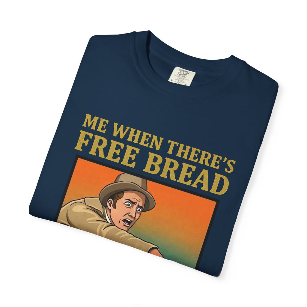 Folded true navy t-shirt featuring Me When There’s Free Bread design.