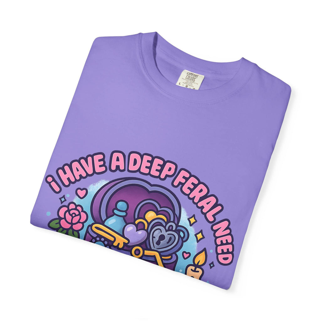Folded pastel purple meme t-shirt featuring a jewelry box and funny text about antique trinkets