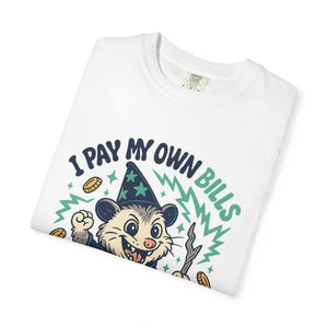 Folded white meme shirt with retro style feral possum illustration