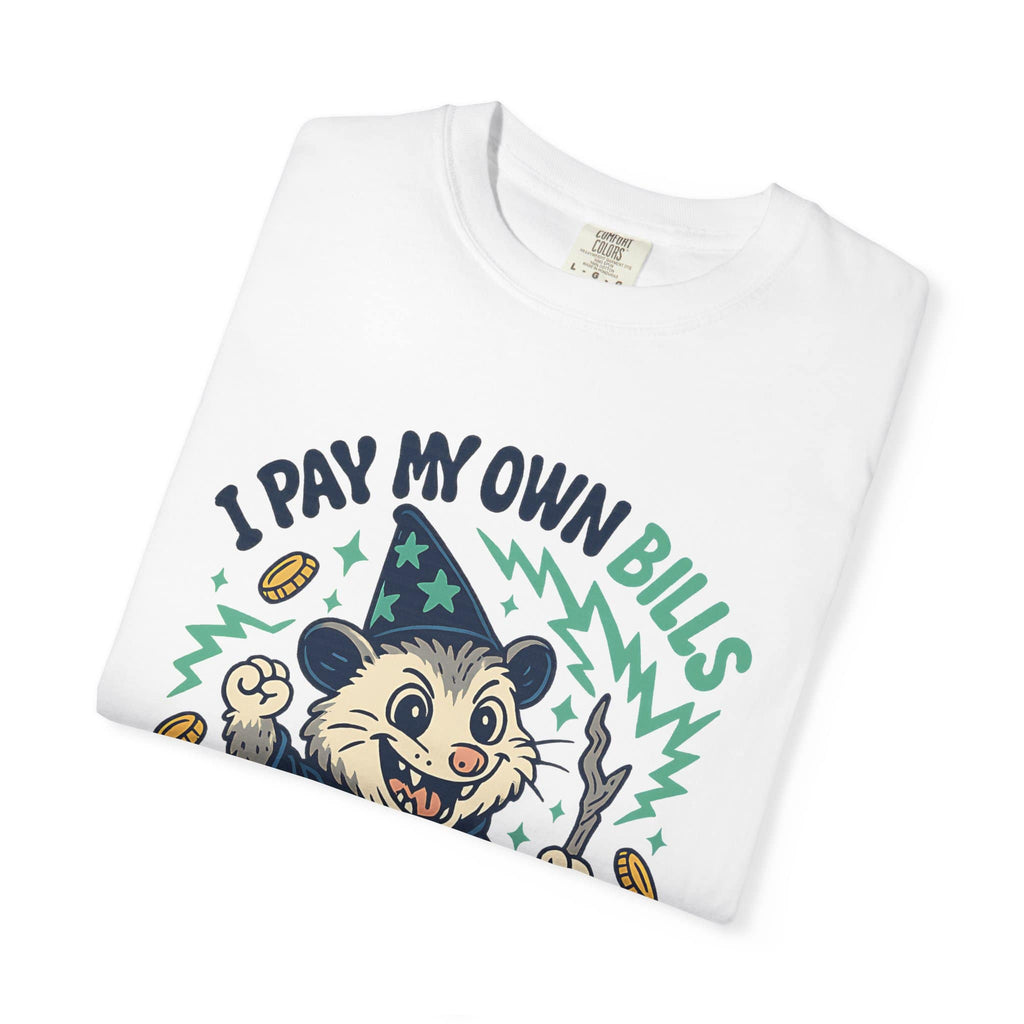 Folded white meme shirt with retro style feral possum illustration