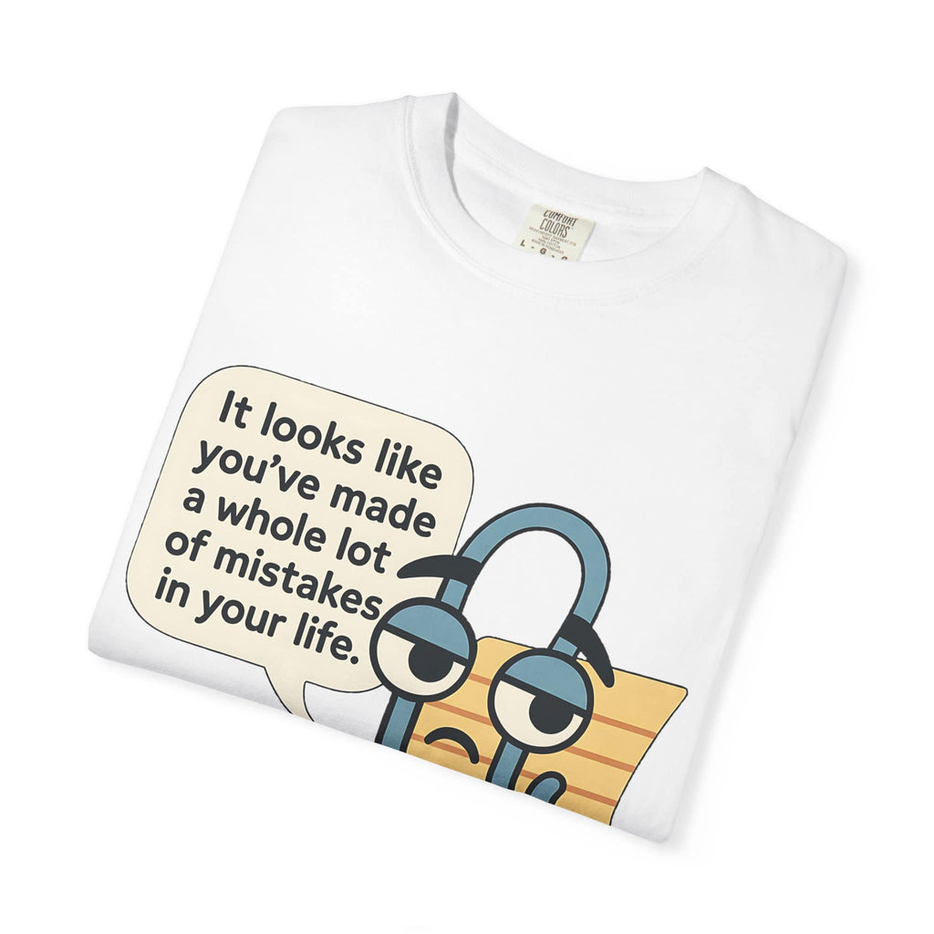 Folded white t-shirt with Disappointed Clippy speech bubble design