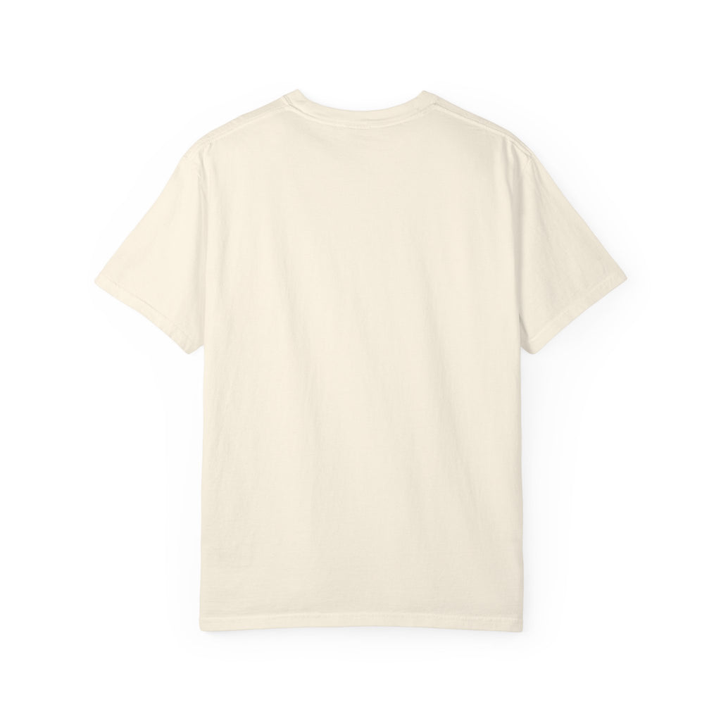 Back view of a plain ivory Comfort Colors 1717 blank t-shirt laid out flat against a neutral background