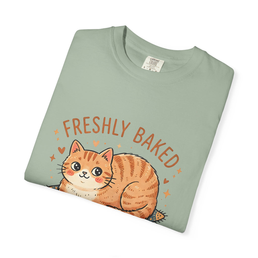 Neatly folded bay green Comfort Colors 1717 t-shirt featuring the Freshly Baked orange cat loaf graphic on top.