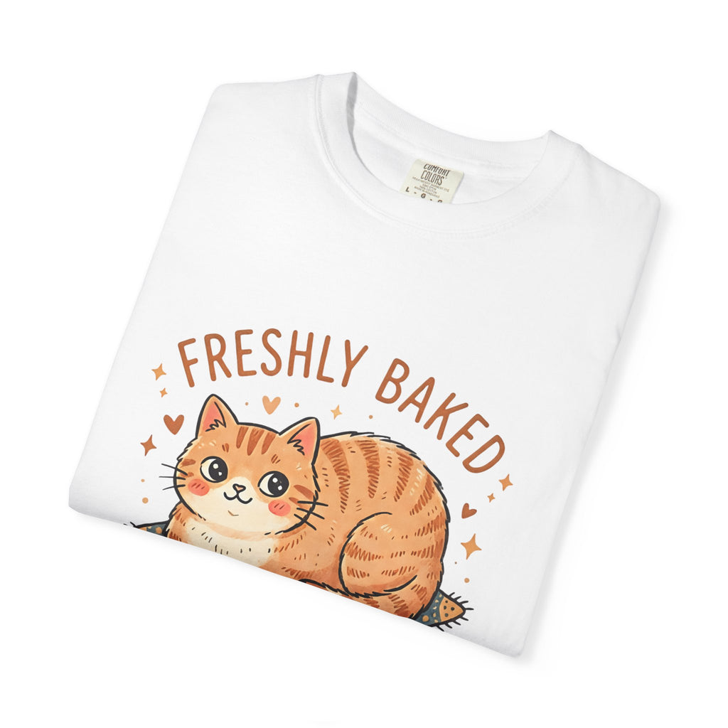 Neatly folded white Comfort Colors 1717 t-shirt with the Freshly Baked cat design neatly displayed on top.