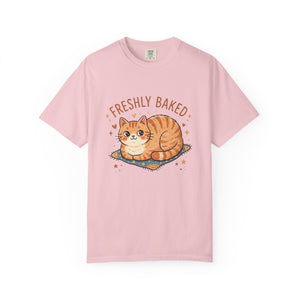 Flat-lay front view of a blossom pink Comfort Colors 1717 t-shirt printed with the Freshly Baked cat loaf meme design.