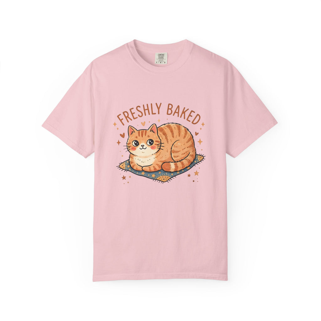 Flat-lay front view of a blossom pink Comfort Colors 1717 t-shirt printed with the Freshly Baked cat loaf meme design.