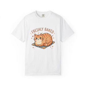 Flat-lay front view of a crisp white Comfort Colors 1717 t-shirt centered with the Freshly Baked orange cat loaf meme.