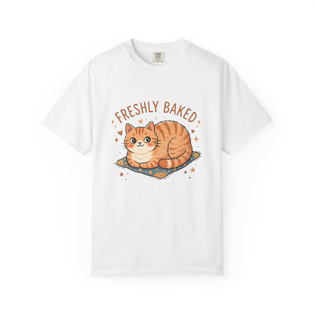 Flat-lay front view of a crisp white Comfort Colors 1717 t-shirt centered with the Freshly Baked orange cat loaf meme.