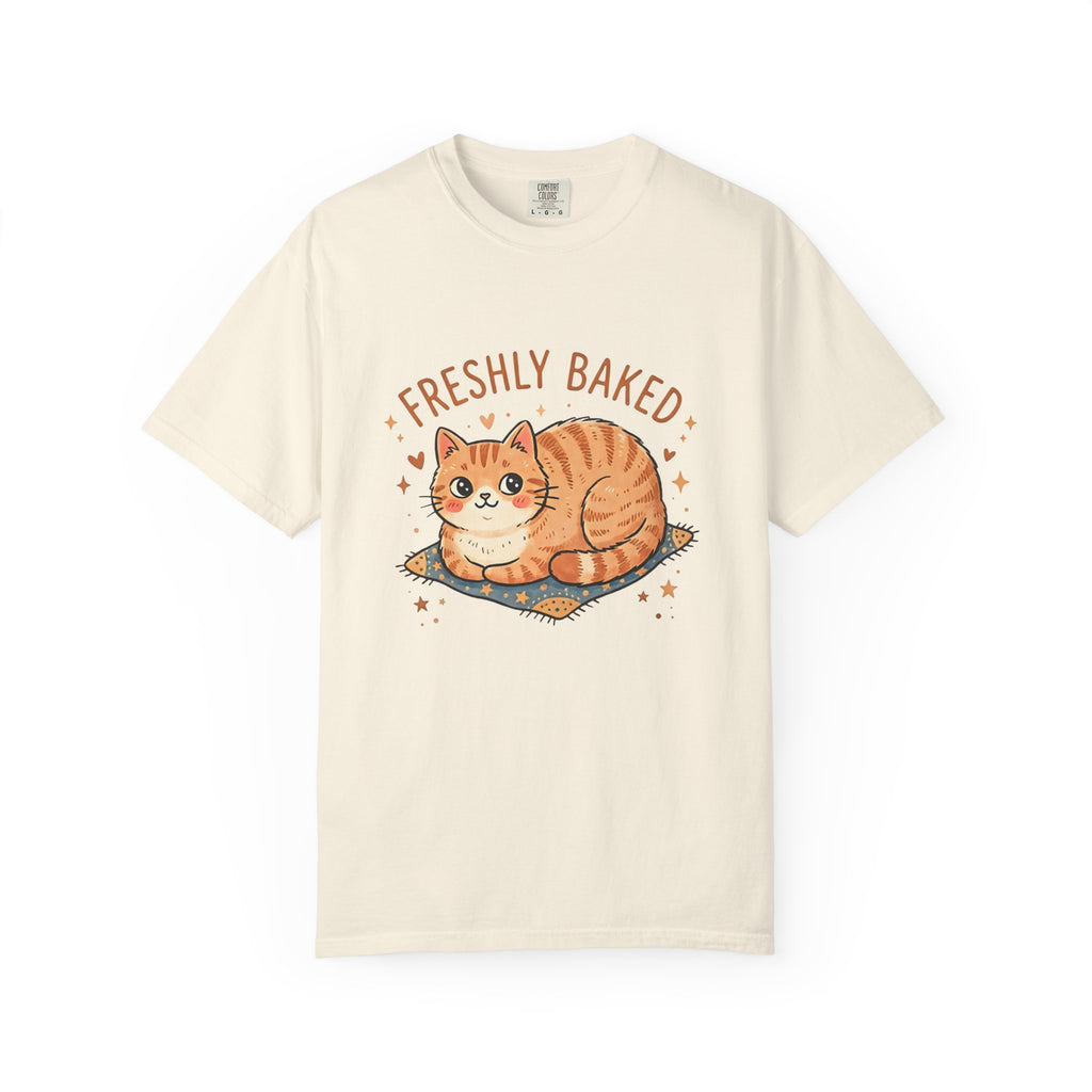 Flat-lay front view of an ivory Comfort Colors 1717 t-shirt featuring the Freshly Baked orange cat loaf graphic against a plain white background.