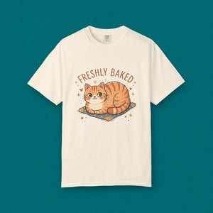 Studio product mockup of an ivory Comfort Colors 1717 t-shirt centered with the Freshly Baked cat meme design against a solid teal background.