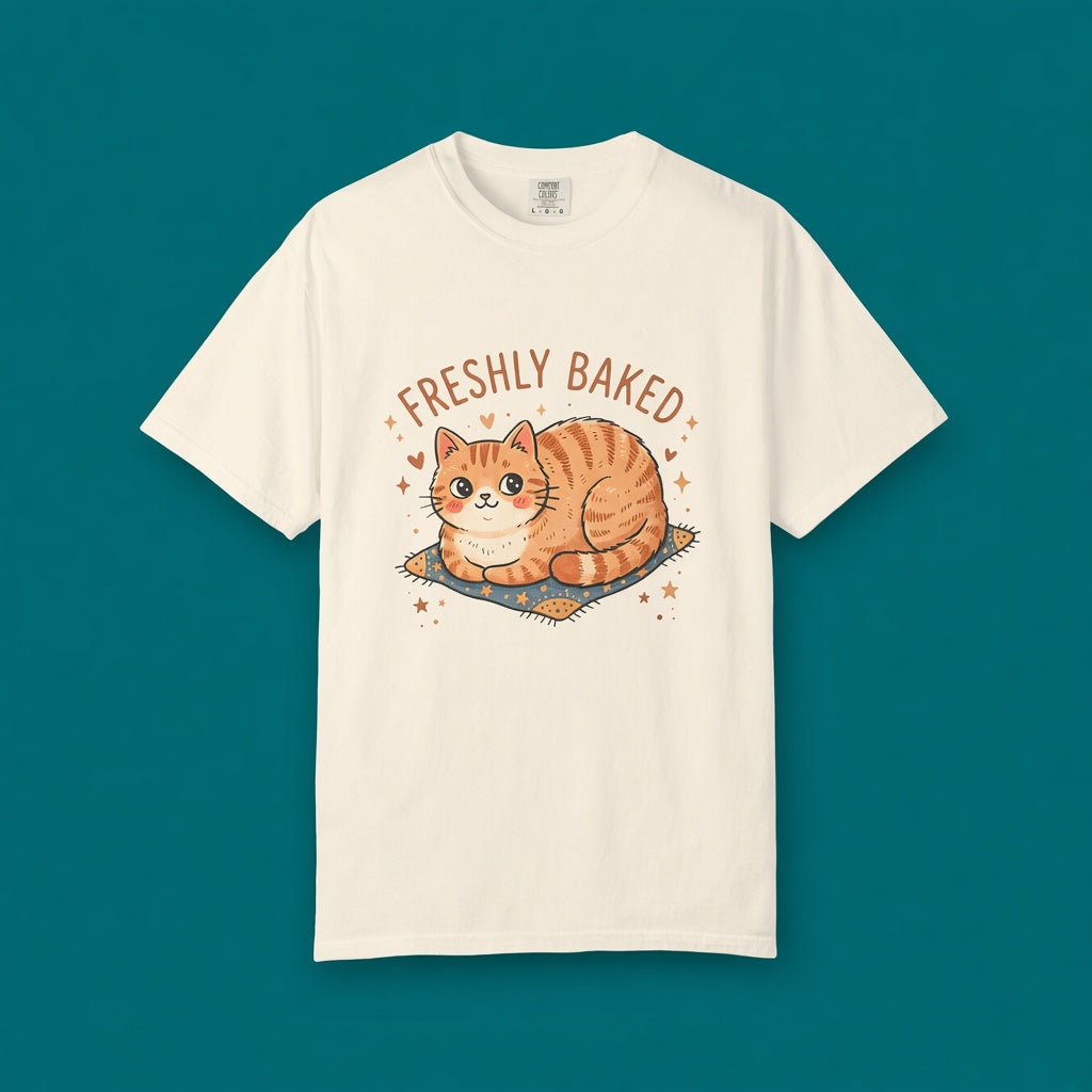Studio product mockup of an ivory Comfort Colors 1717 t-shirt centered with the Freshly Baked cat meme design against a solid teal background.
