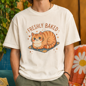 Modern streetwear lifestyle mockup of a person wearing the ivory Freshly Baked orange cat loaf t-shirt with green pants, standing in front of a plant and warm-toned decor.