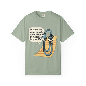 Light green t-shirt with a funny Clippy graphic and text on a white background