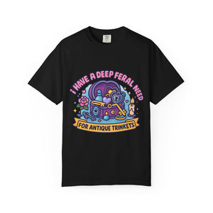 Black t-shirt contrasting with bright pastel trinket design