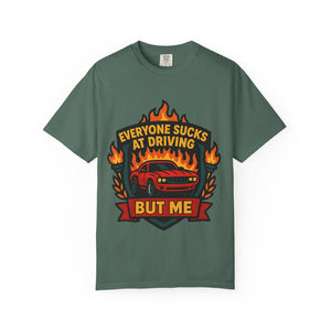 Funny driving meme t-shirt featuring a red muscle car on fire and sarcastic text