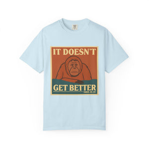 Light blue cotton tee with funny nihilistic monkey graphic, perfect dark humor gift