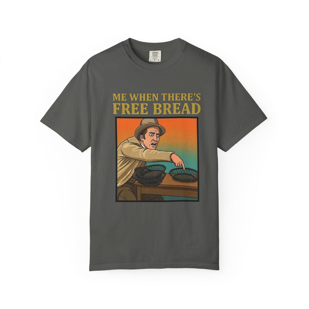 Flat lay of pepper graphic t-shirt on white background featuring Me When There’s Free Bread design.