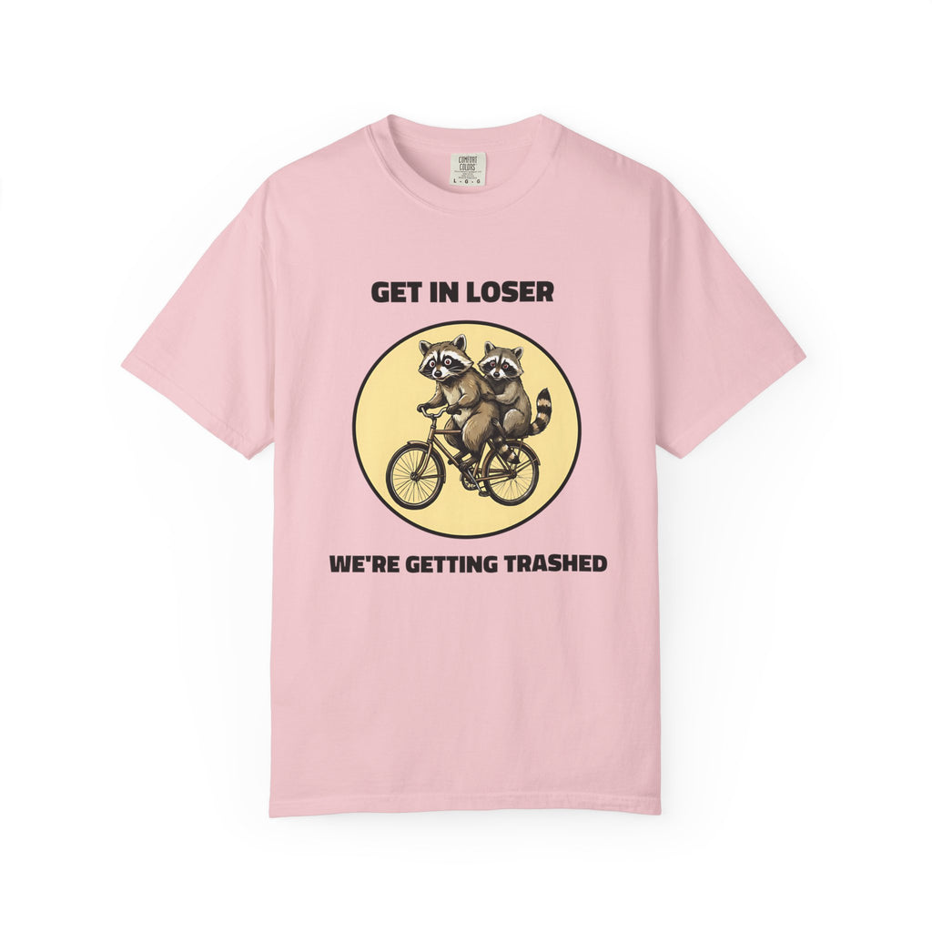 Flat lay of blossom graphic t-shirt on white background featuring Get In Loser We’re Getting Trashed meme design.