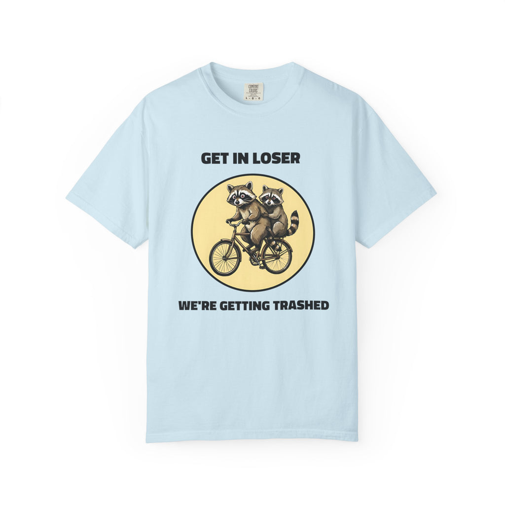 Flat lay of chambray graphic t-shirt on white background featuring Get In Loser We’re Getting Trashed meme design.