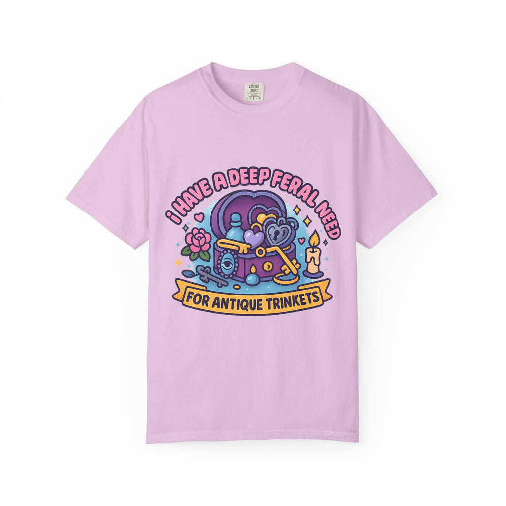Pastel pink t-shirt featuring a jewelry box and funny text about antique trinkets