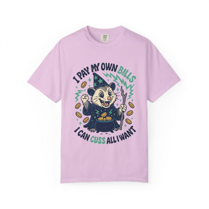 Pink funny t-shirt featuring a cartoon possum wizard holding a staff with funny text about paying bills