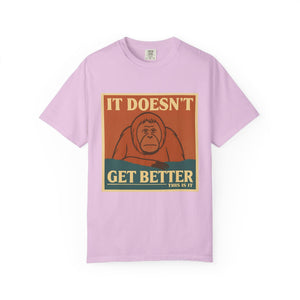 Light pink t-shirt contrasting with a dark humor depressing meme print