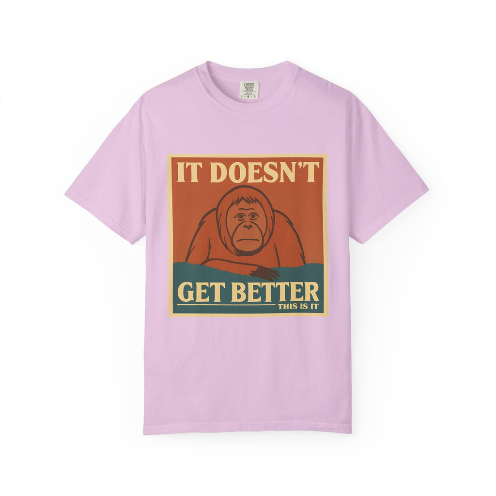 Light pink t-shirt contrasting with a dark humor depressing meme print