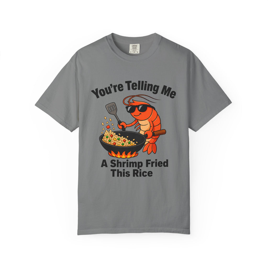 Flat lay of grey graphic t-shirt on white background featuring shrimp fried rice design.