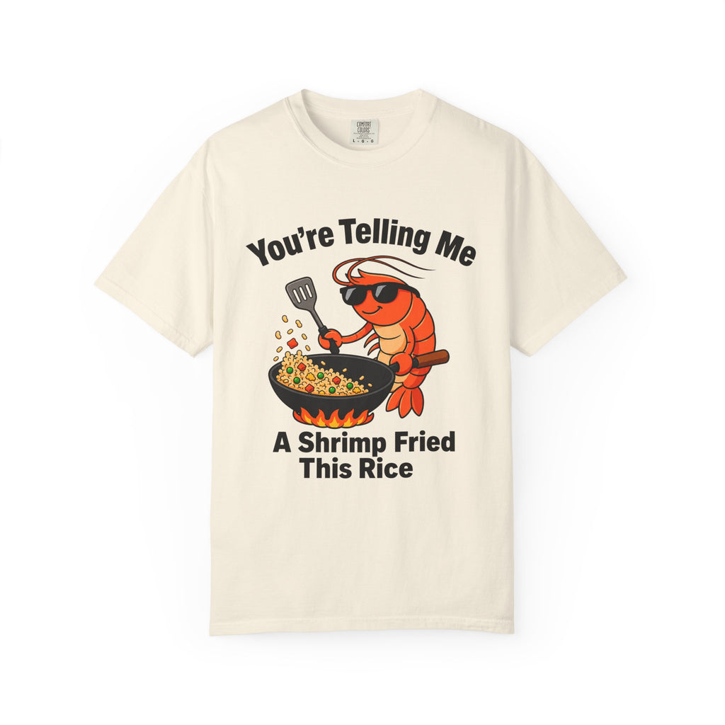 Flat lay of ivory t-shirt on white background featuring shrimp fried rice design.
