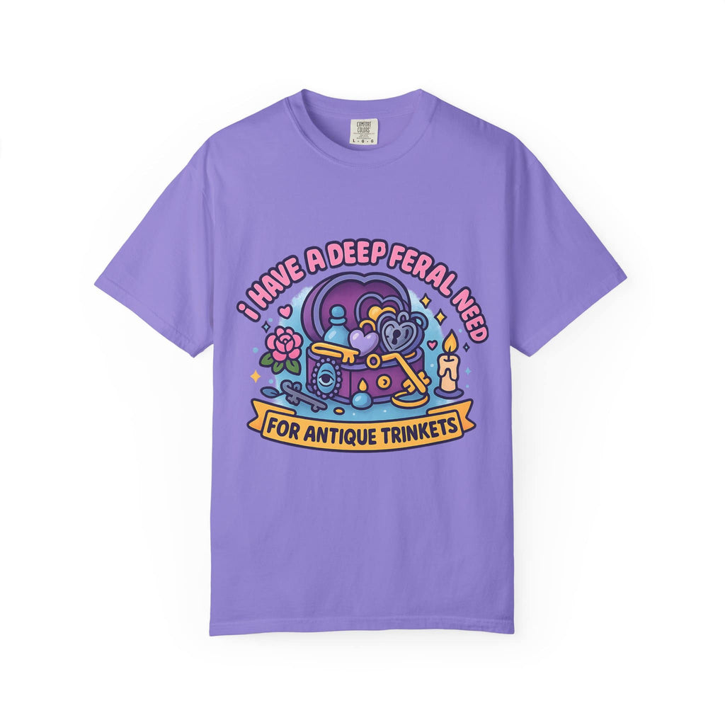 Pastel purple t-shirt featuring a jewelry box and funny text about antique trinkets