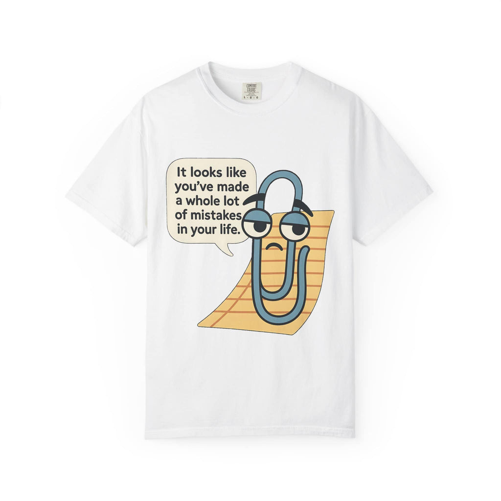 White t-shirt with Disappointed Clippy speech bubble design