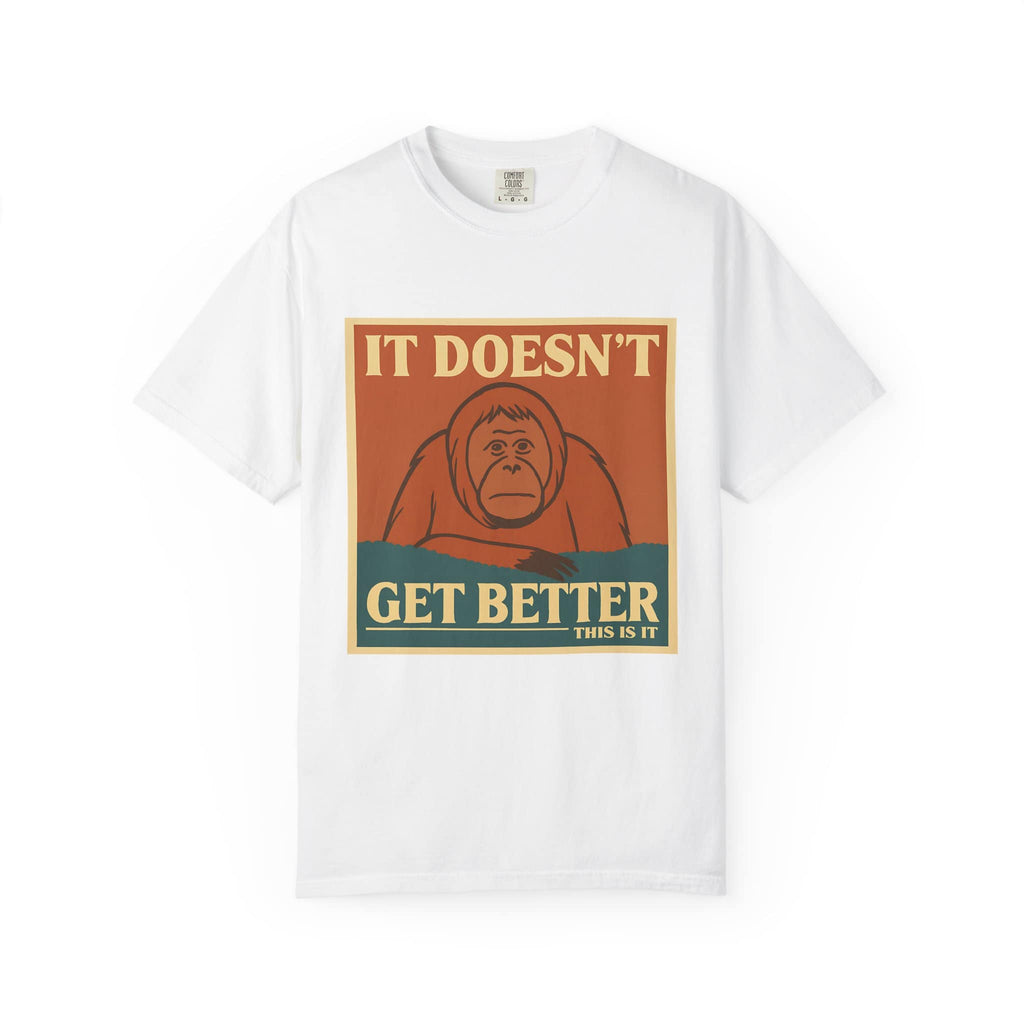 White t-shirt contrasting with a dark humor depressing meme print