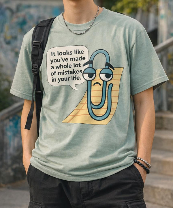 Man wearing Bay Green t-shirt with funny Disappointed Clippy meme design