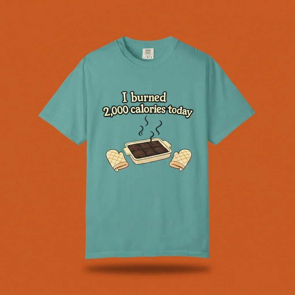 A teal garment-dyed Comfort Colors t-shirt displayed flat, featuring a humorous graphic of a smoking brownie pan and the sarcastic phrase "I burned 2,000 calories today."