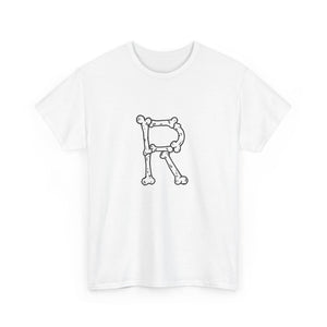 A white short-sleeve crewneck t-shirt featuring a black line art graphic of the letter 'R' constructed from bones, displayed on a clean white background.