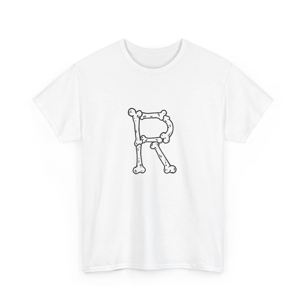 A white short-sleeve crewneck t-shirt featuring a black line art graphic of the letter 'R' constructed from bones, displayed on a clean white background.