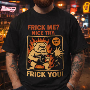 Man wearing black t-shirt with funny bulldog holding a tommy gun meme design