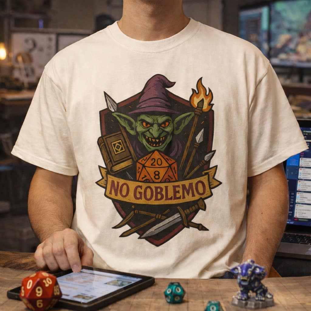 Man wearing cream t-shirt with No Goblemo goblin wizard design holding a tablet at a gaming table
