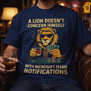 Man sitting in leather chair holding whiskey, wearing navy t-shirt with funny Lion Microsoft Teams meme design