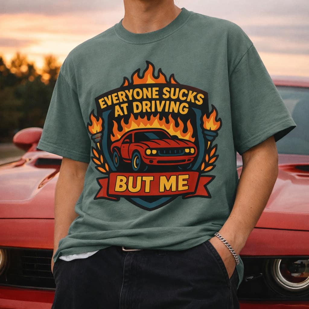 Man wearing green t-shirt with funny Everyone Sucks at Driving But Me muscle car design.