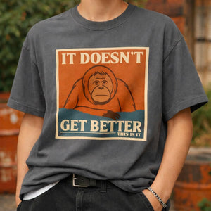 Person wearing Pepper Grey t-shirt with funny depressed orangutan meme design