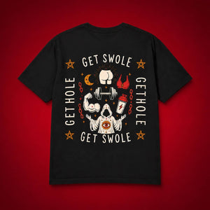 Flat lay of the back of the Get Swole Get Hole black t-shirt displayed against a striking deep red background.