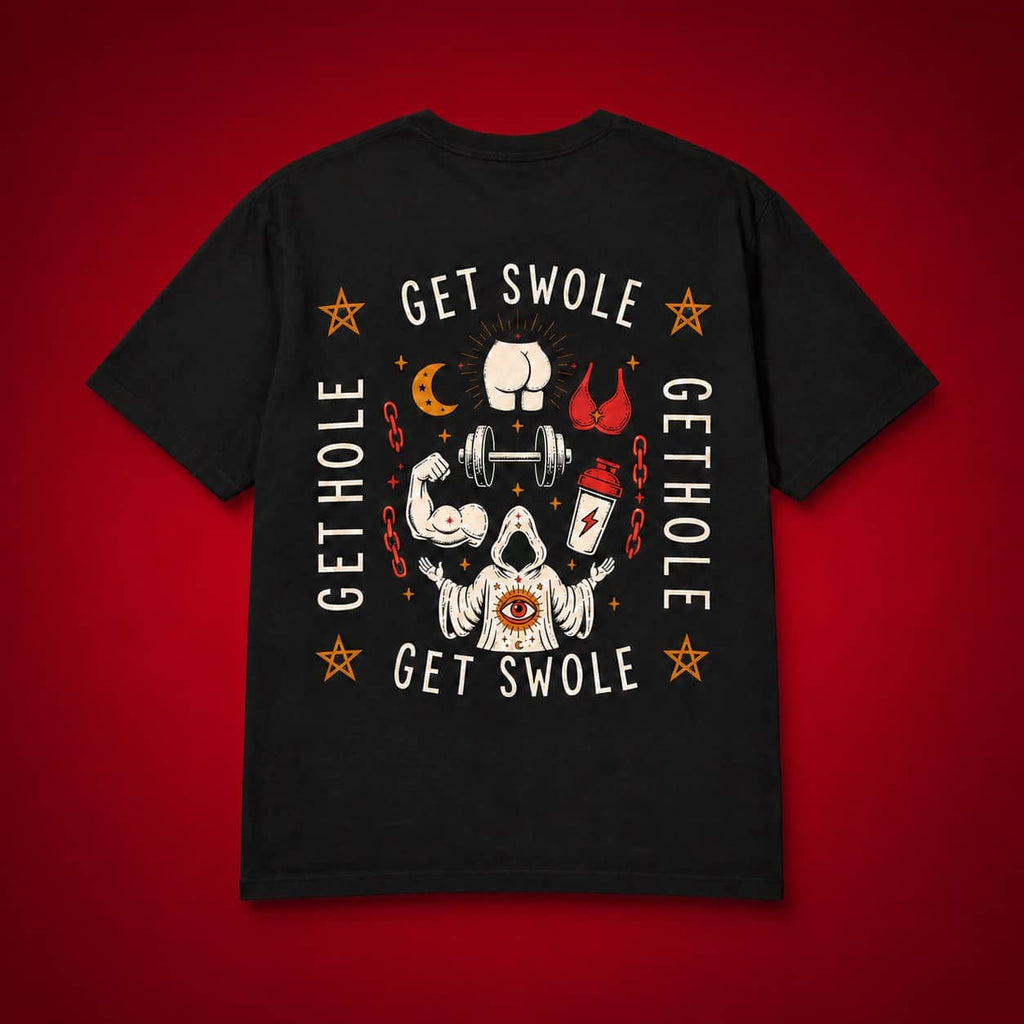 Flat lay of the back of the Get Swole Get Hole black t-shirt displayed against a striking deep red background.