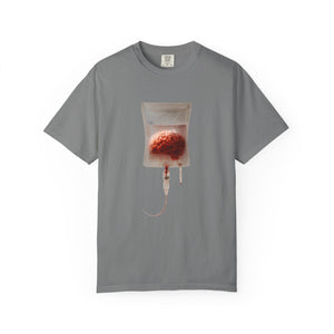 A grey t-shirt featuring a surreal graphic of a human brain inside an IV drip bag